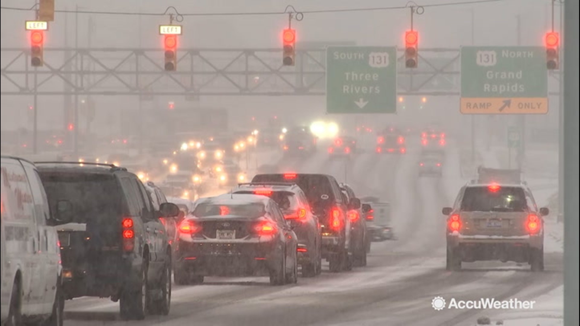 There was morning snowfall, lowered visibilities and snow covered road conditions around the Kalamazoo, Michigan region. Video shows traffic and morning conditions during the commute.
