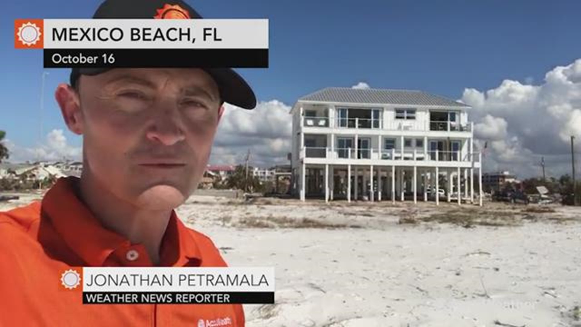 AccuWeather's Jonathan Petramala reports in front of one of the few structures still standing on Mexico Beach, Florida that somehow took very little damage.