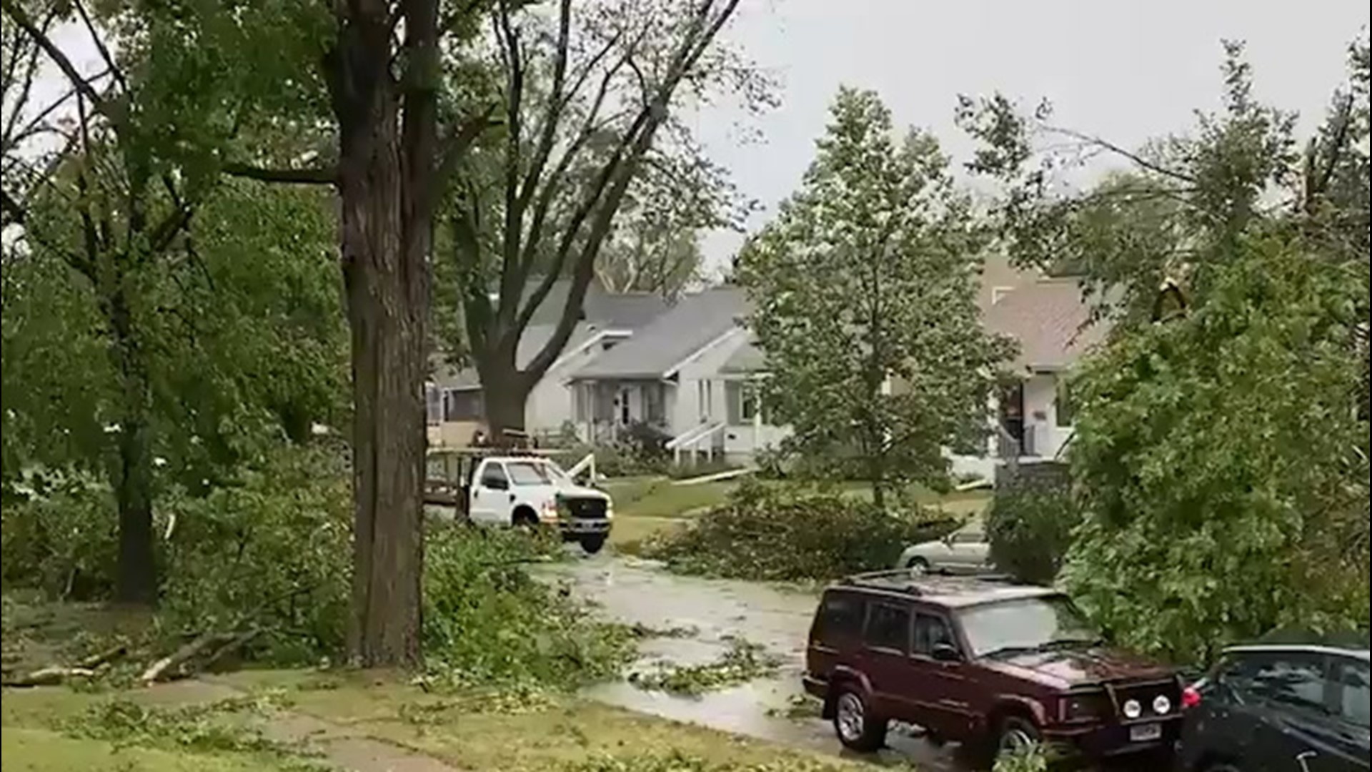 This neighborhood in Cedar Rapids, Iowa, is completely covered by downed trees and debris on Aug. 10, after a derecho swept through this area.