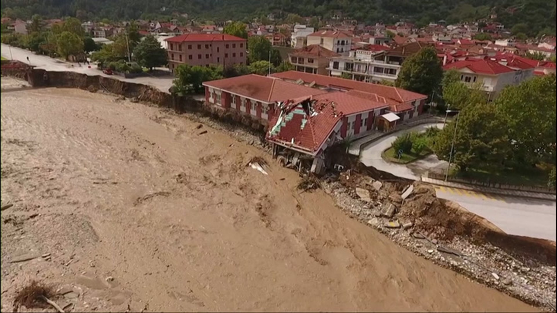 Drone footage captured in Mouzaki, Greece, on Sept. 19, shows the destruction caused to a building and road after flash flooding swept through the area, forcing them to collapse.