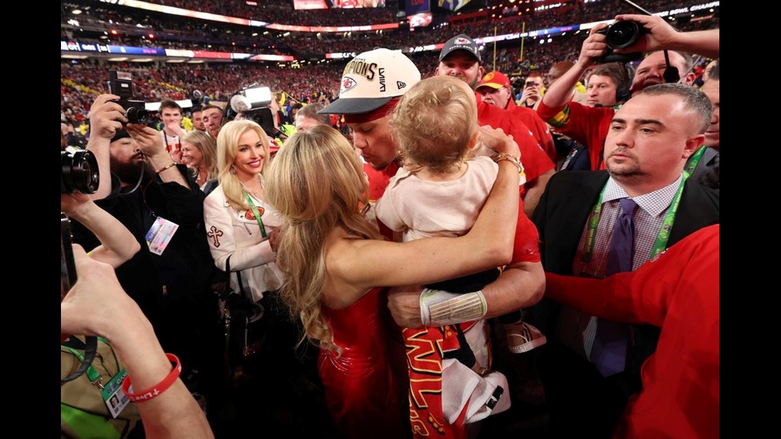 brittany mahomes red dress See Brittany Mahomes' Red Jumpsuit and '15' Necklace for the Super Bowl