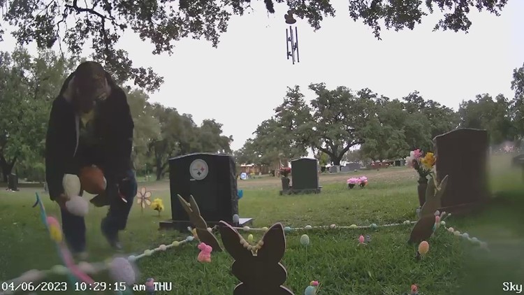 Suspect arrested after surveillance video shows man taking decorations and small toys from little girl's grave in Texas