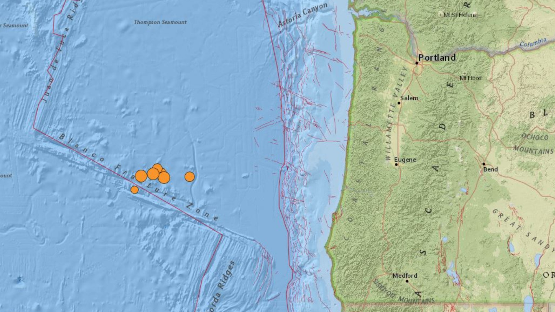Four earthquakes struck off the coast early Thursday morning, about 180 miles west of Bandon. This followed an earthquake in the same area Wednesday afternoon.