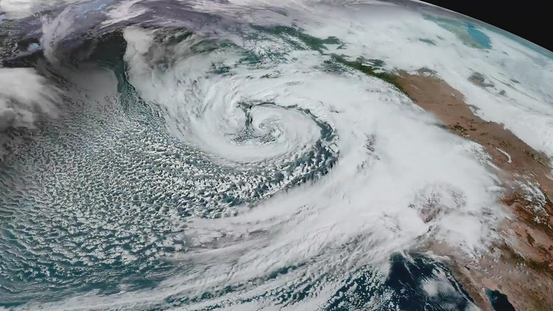 Satellite images of severe storms on the West Coast show a bomb cyclone.