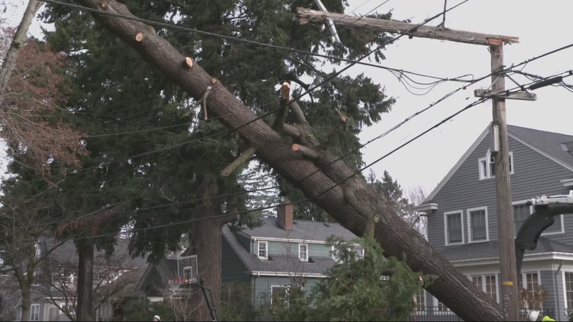 A PGE spokesperson said they'll keep working through the day Friday to restore power as safety allows.