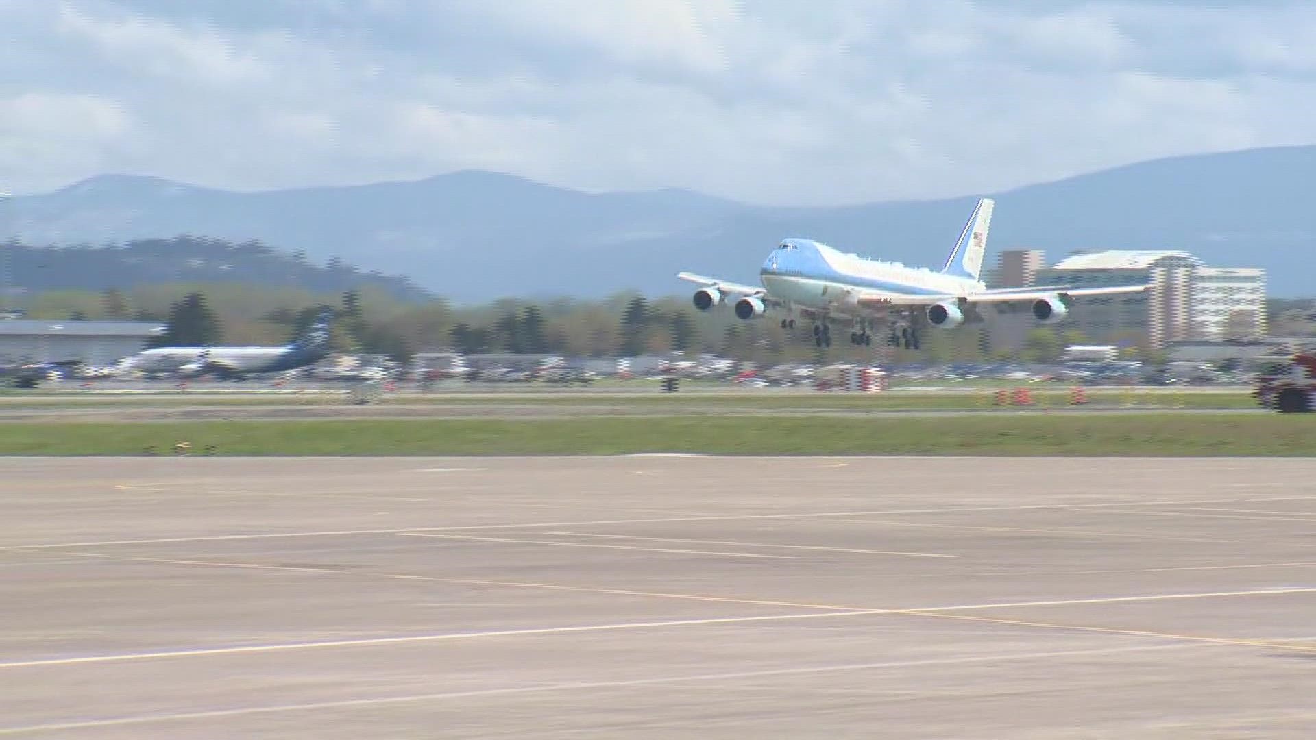 President Biden arrived in Portland Thursday afternoon for a fundraiser and speech on infrastructure.