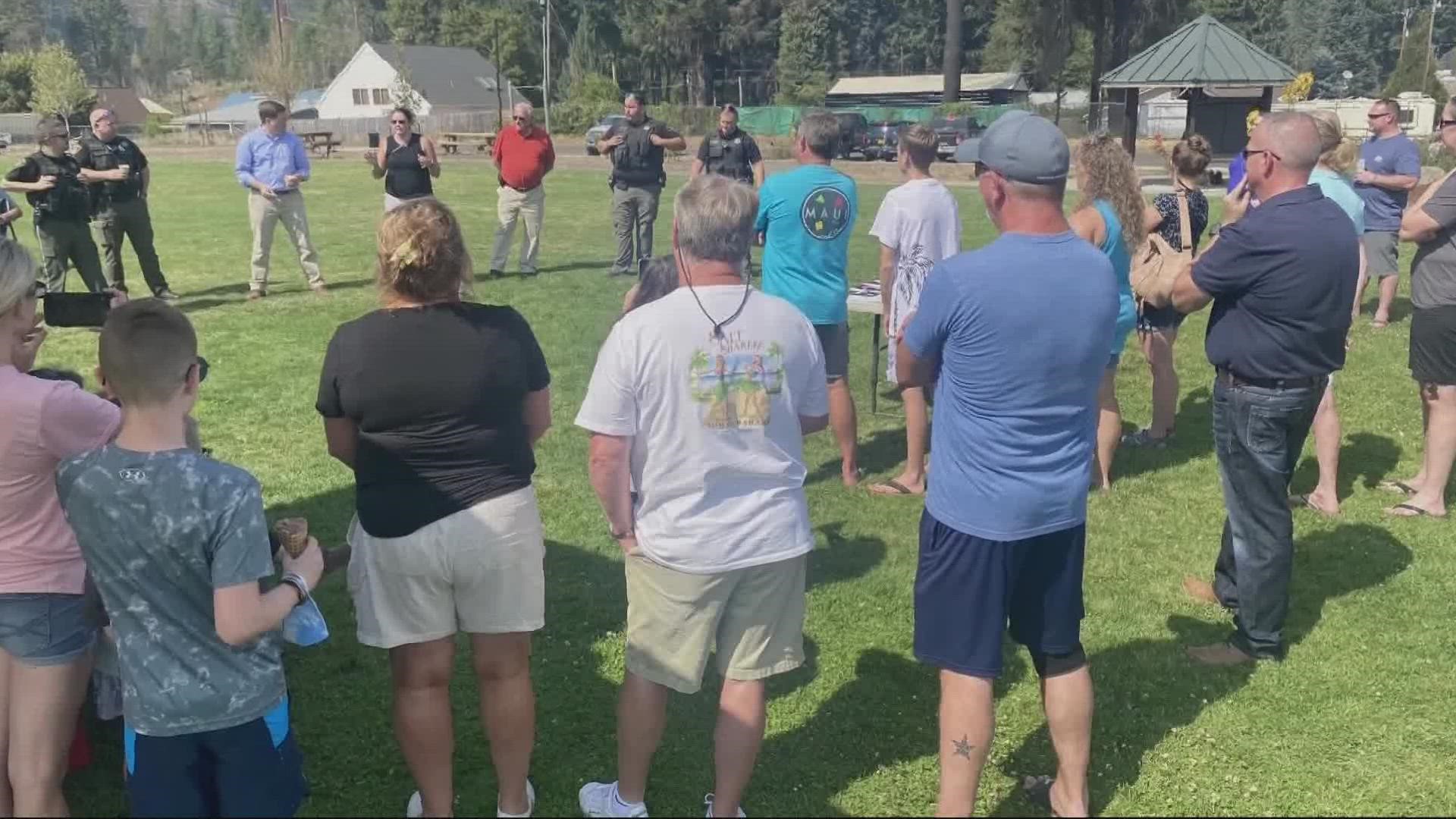 Dozens of people gathered together in the hard-hit Santiam Canyon to mark one year since the devastating wildfires that burned through the area.