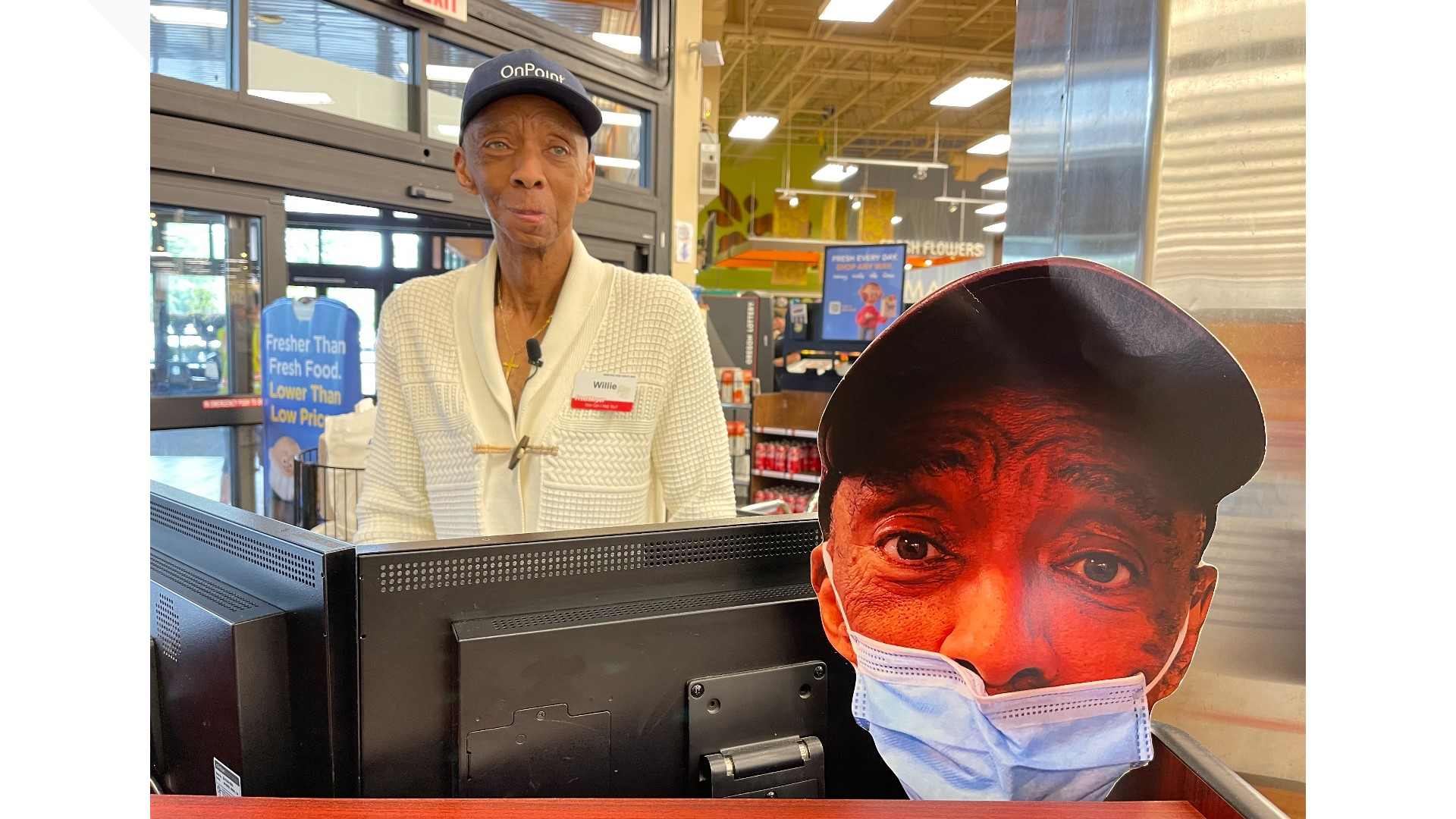 Willie Binns greets shoppers at the Hollywood Fred Meyer. He started working there in 2020 while undergoing chemo and radiation therapy. He is currently cancer-free