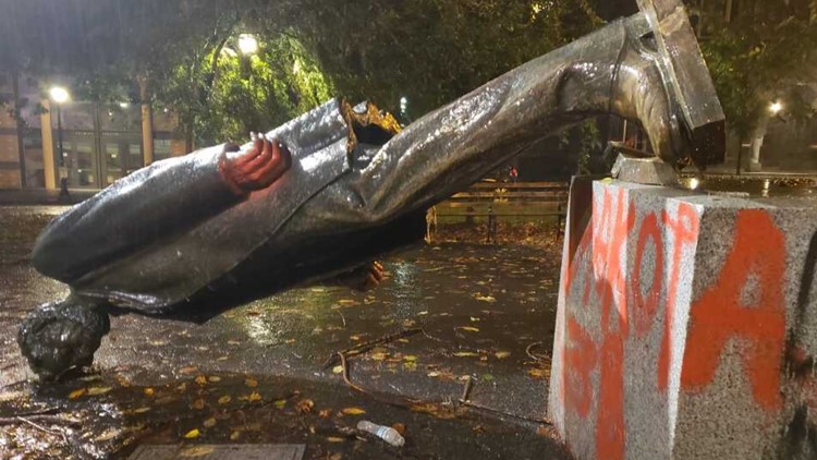 Police declare riot as protesters topple statues, break windows, throw flares into Oregon Historical Society