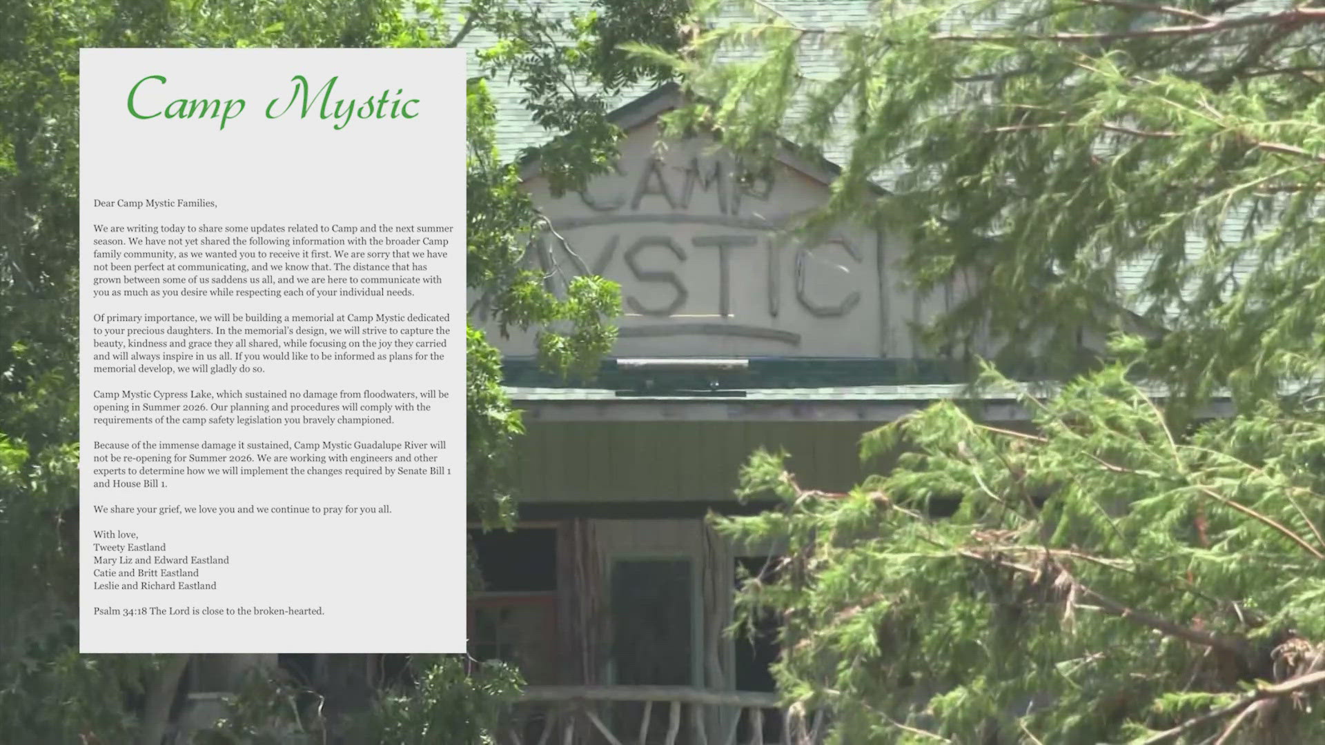 The letter to families said the Cypress Lake camp would open next summer.  They also plan a memorial dedicated to the victims.
