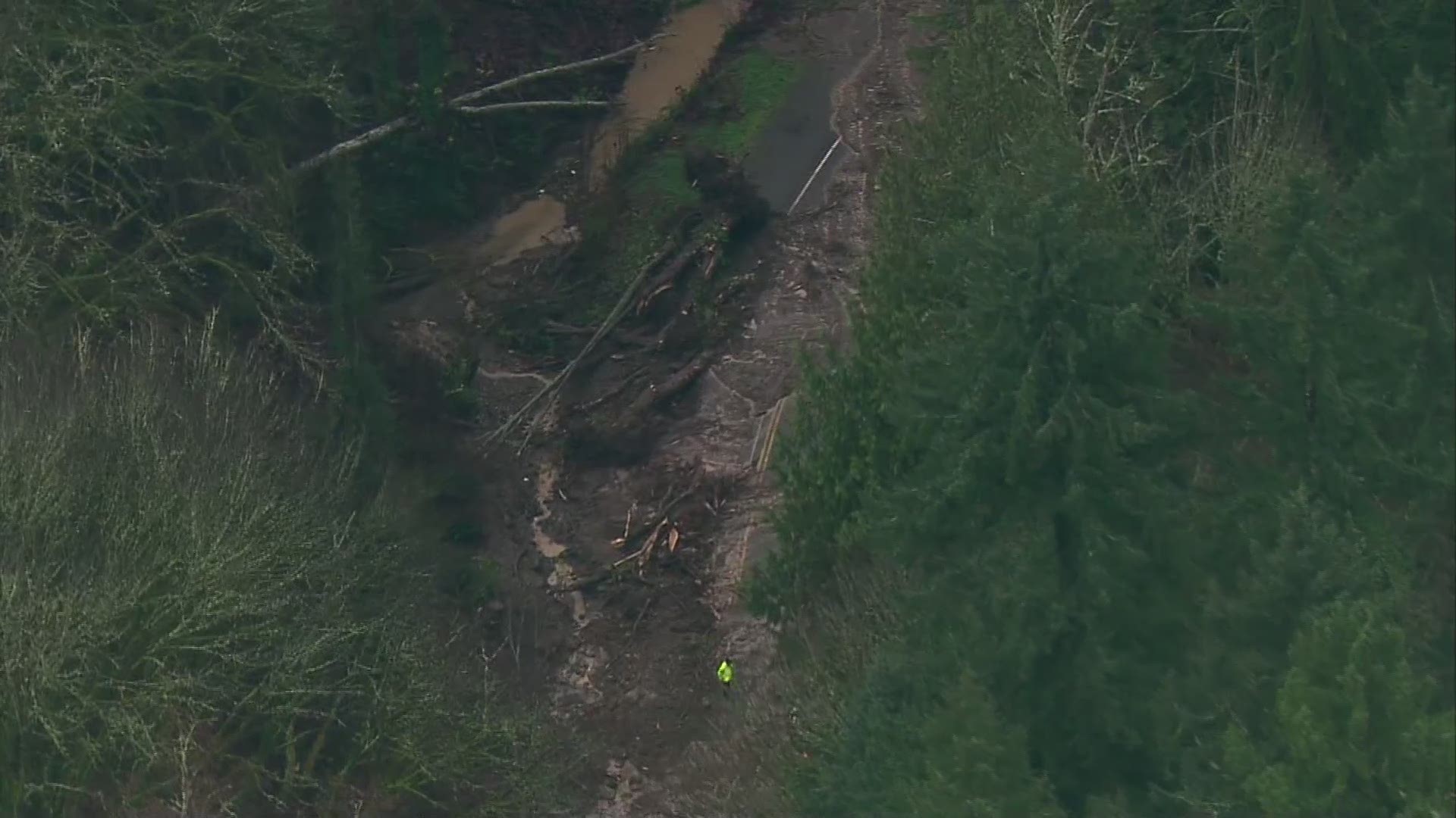 Crews work to clear a mudslide near Woodmont Drive S and S 265th Street in Des Moines, Wash. Dec 20, 2019.