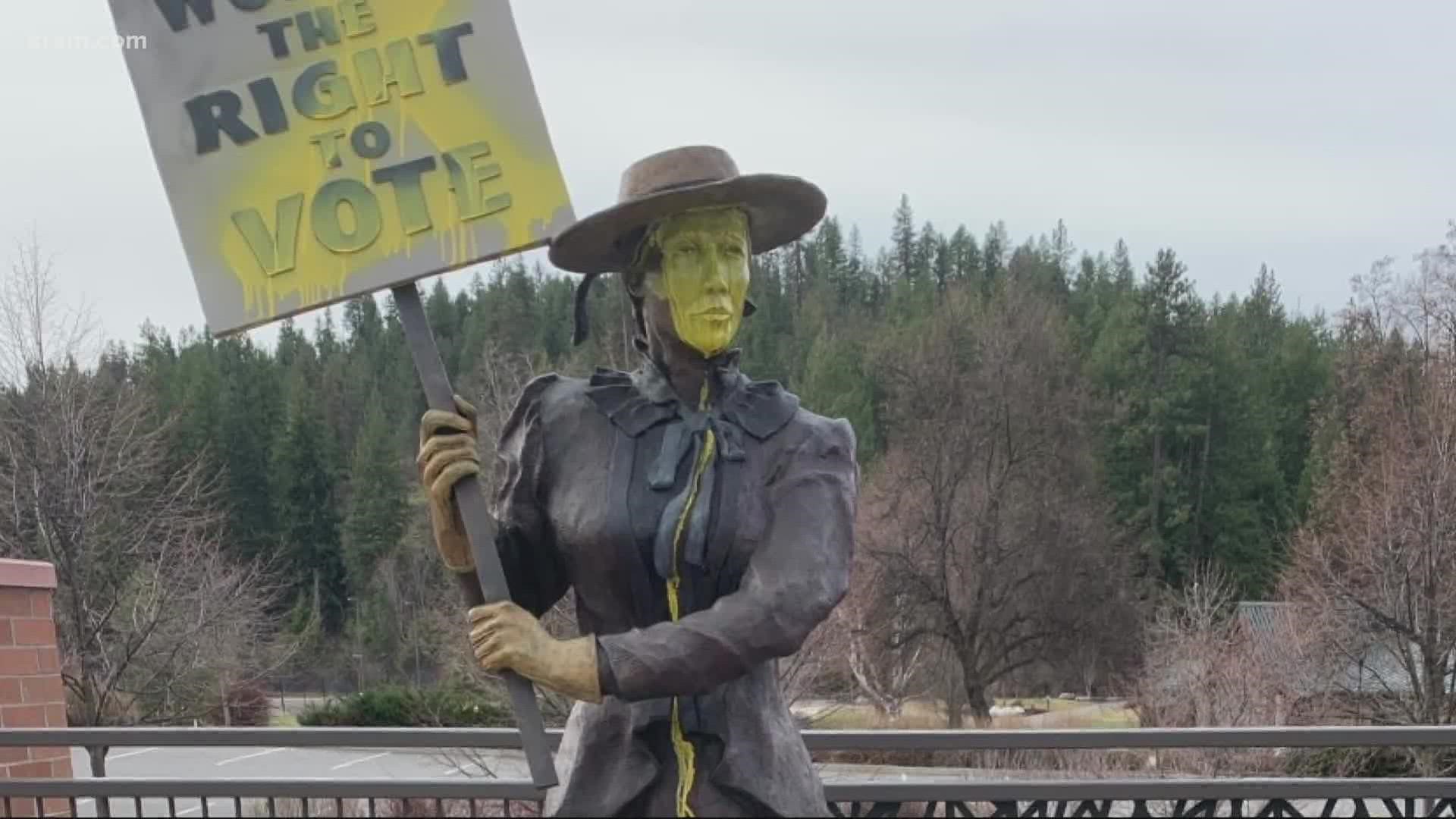 The statue depicting a suffragist woman was vandalized Saturday morning. The statue celebrated 100 years since the ratification of the 19th Amendment.