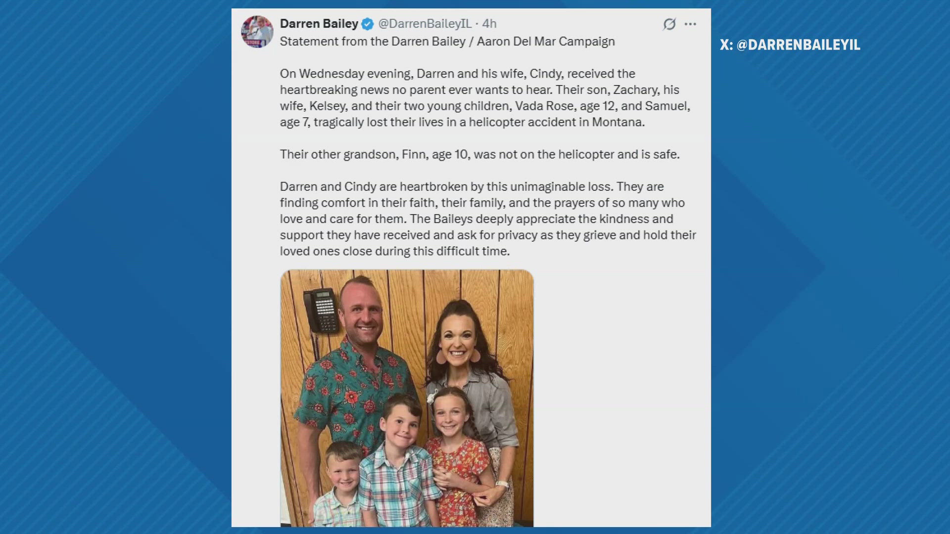 Bailey said his son, Zachary; daughter-in-law, Kelsey; and their two children, Vada Rose and Samuel, were killed in a crash. 