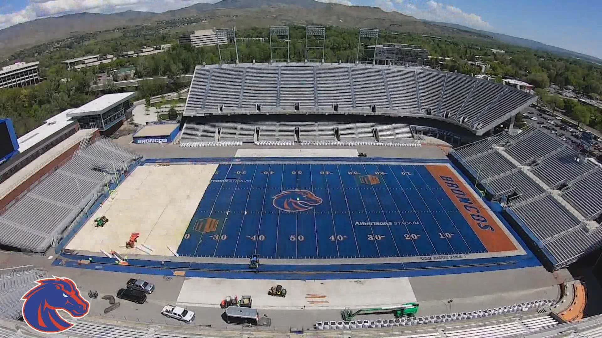 Timelapse shows installation of Boise State's blue turf