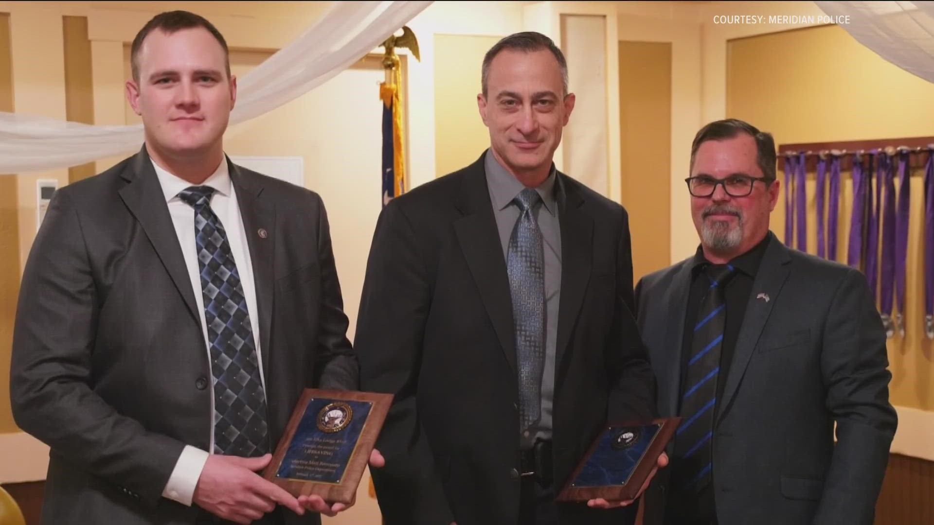 Detectives Matt Ferronato and Eric Stoffle with Meridian Police were recognized with the Life Saving Award for their efforts to bring a missing 77-year-old man home.