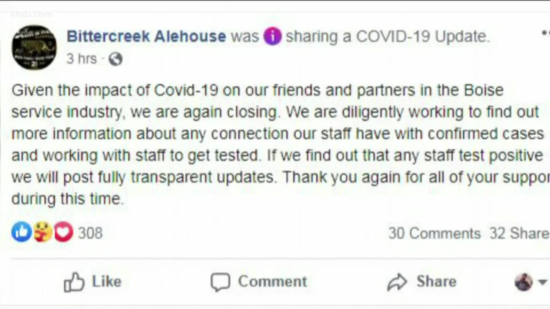 In a Facebook post on Wednesday, Bittercreek said it was closing because of "the impact of Covid-19 on our friends and partners in the Boise service industry."