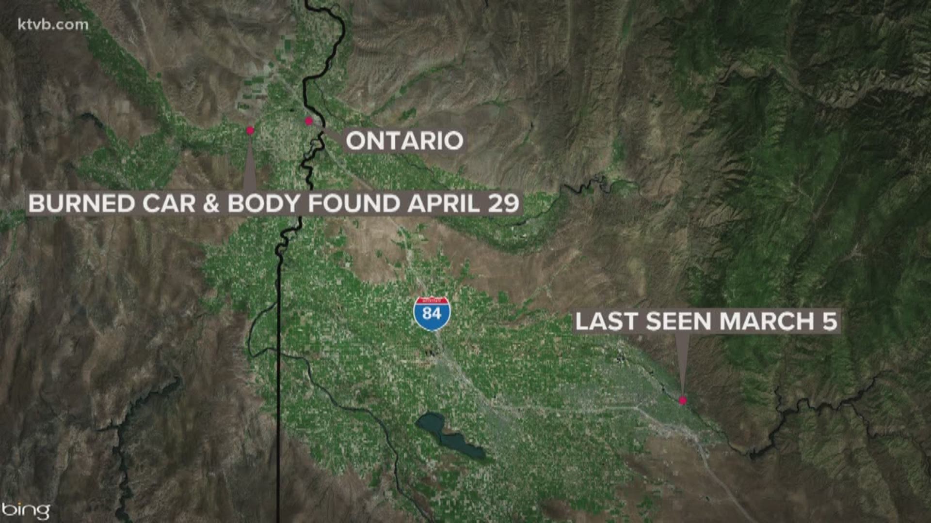 A burned-out car was discovered stuck in the mud above a canal about four miles west of Ontario.
