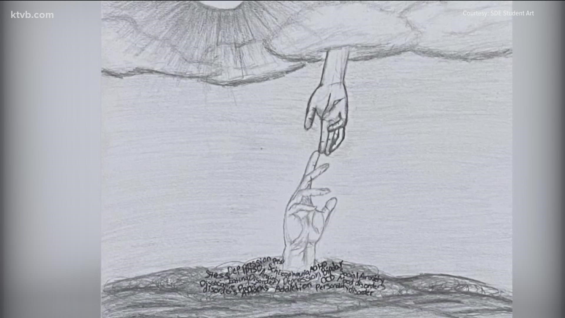 Jaanai Guajardo won the State Department of Education's student contest with a pencil sketch of a hand reaching from the ground toward a stretched hand above.