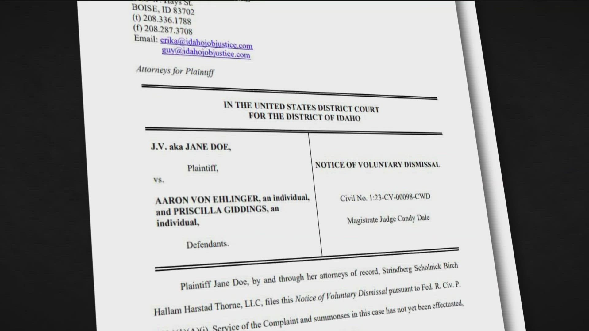 Jane Doe dismissed her lawsuit against Aaron von Ehlinger and Priscilla Giddings because she does not want to experience any more harassment, she said.