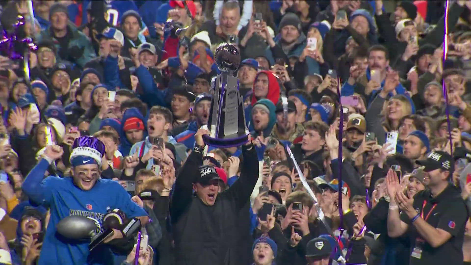 Fans at Albertsons Stadium roared as Boise State defeated UNLV 38-21 Friday night to win its third consecutive Mountain West Championship.