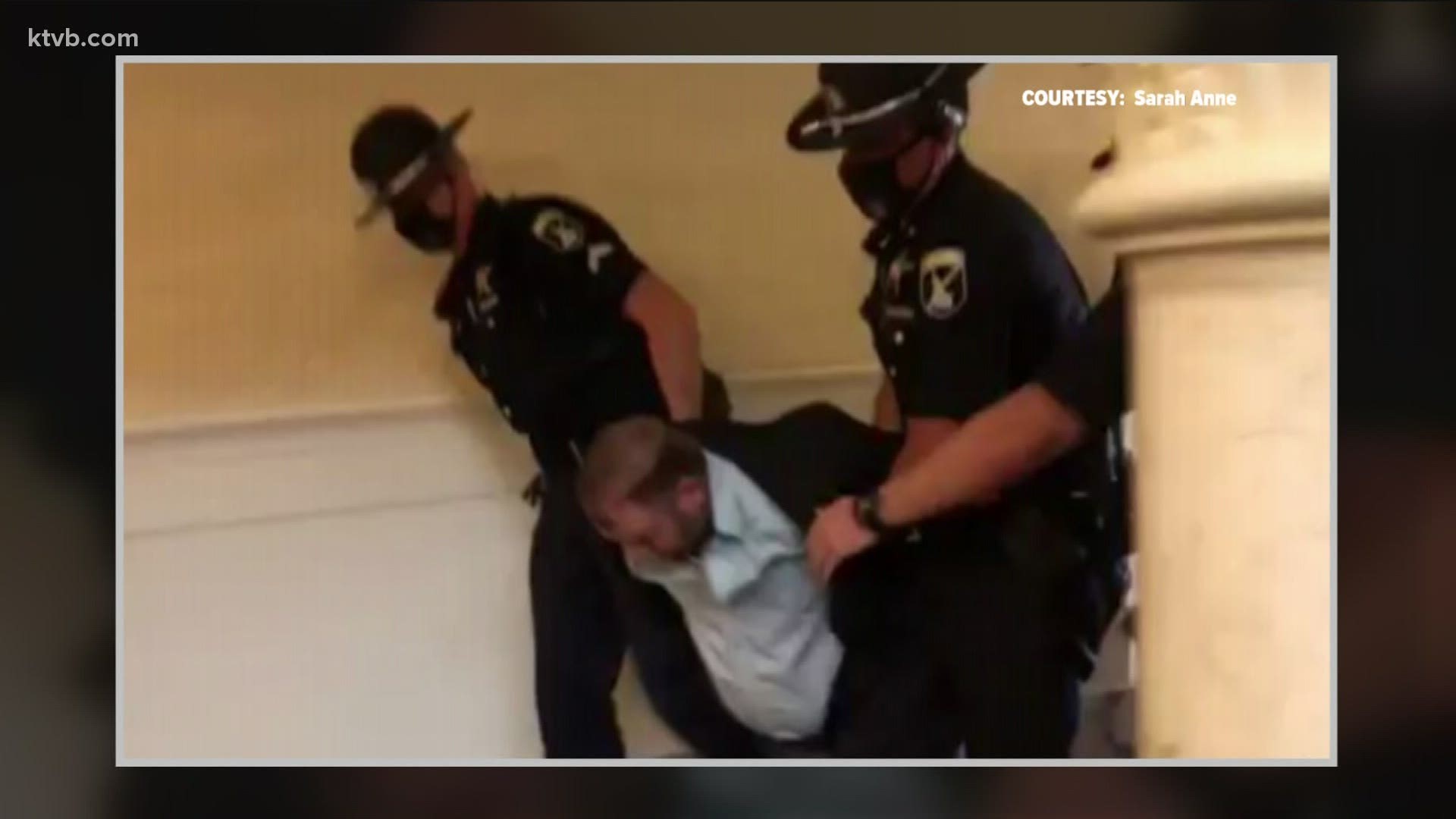 Bundy was taken into custody in the gallery of the Idaho Senate for trespassing. He was handcuffed and removed from the Capitol by state troopers.