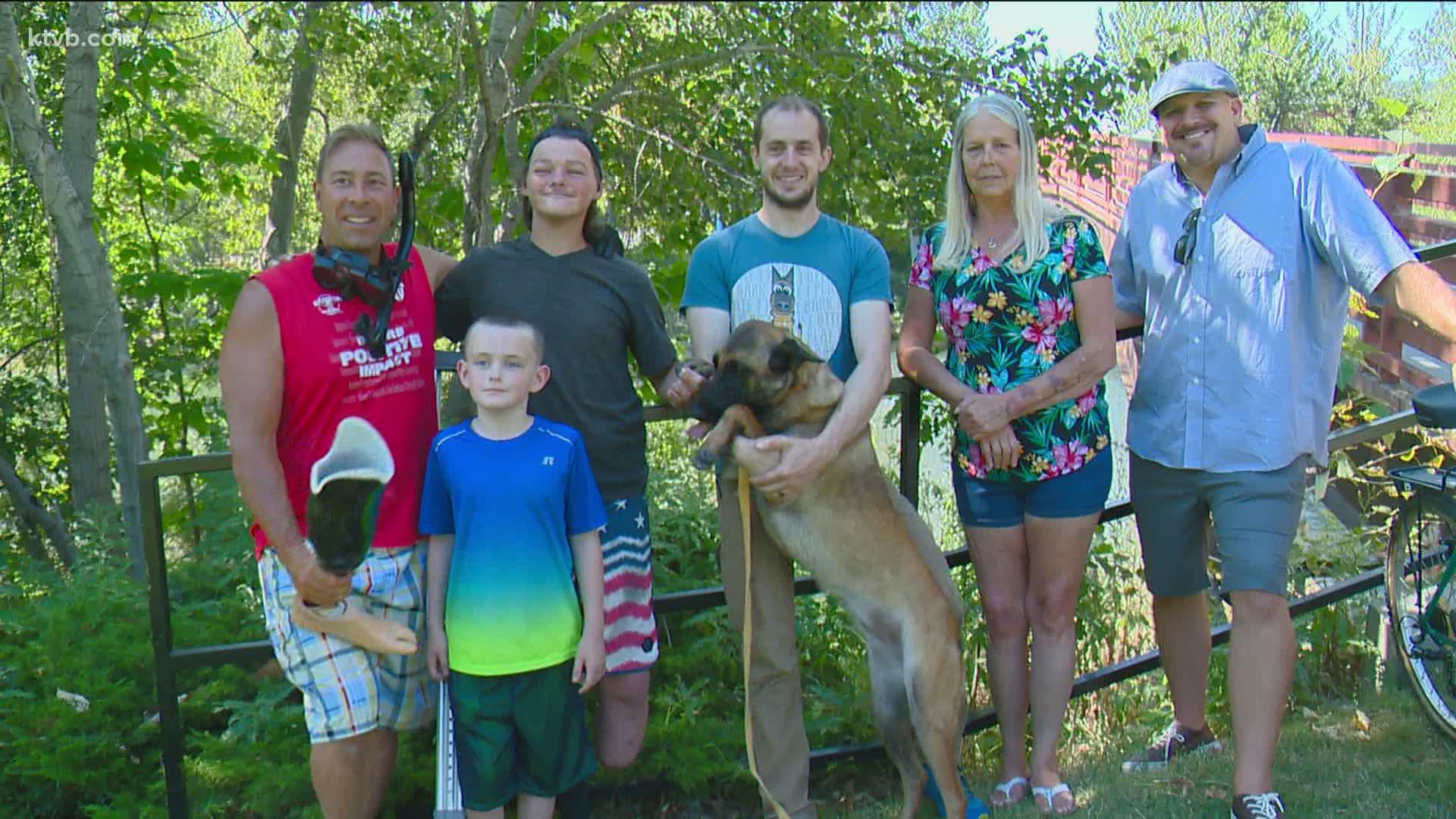 The man lost his titanium prosthetic while floating down the Boise River and soon three men jumped in to help with his mother's pleas to find the leg.