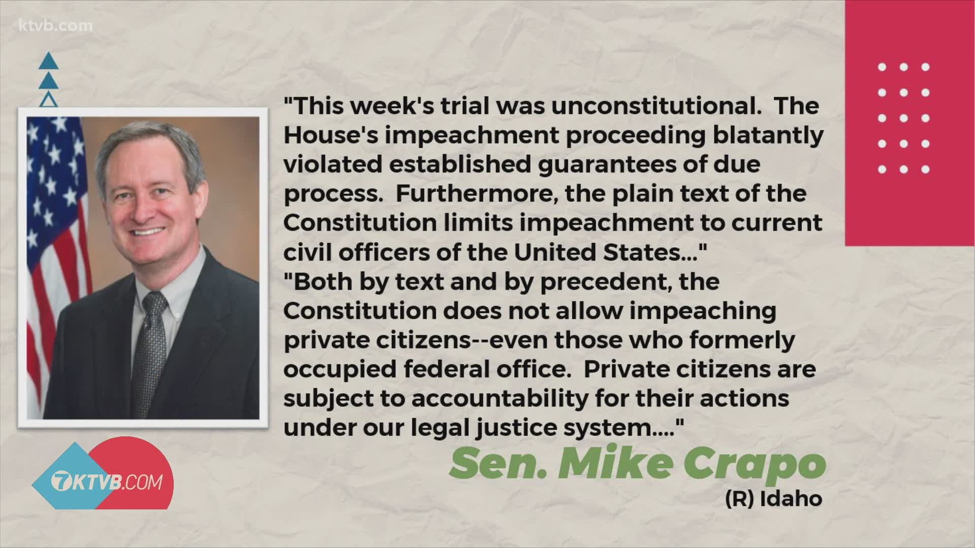 Idaho's United States representatives and senators weigh in on the recent impeachment proceedings against former President Donald Trump.