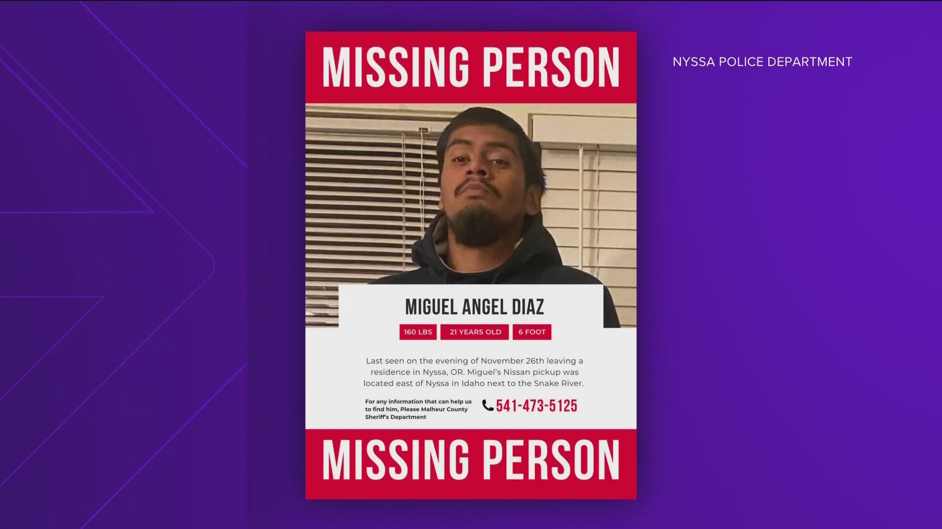 The Nyssa Police Department said Miguel Angel Diaz was last seen on Nov. 28. 