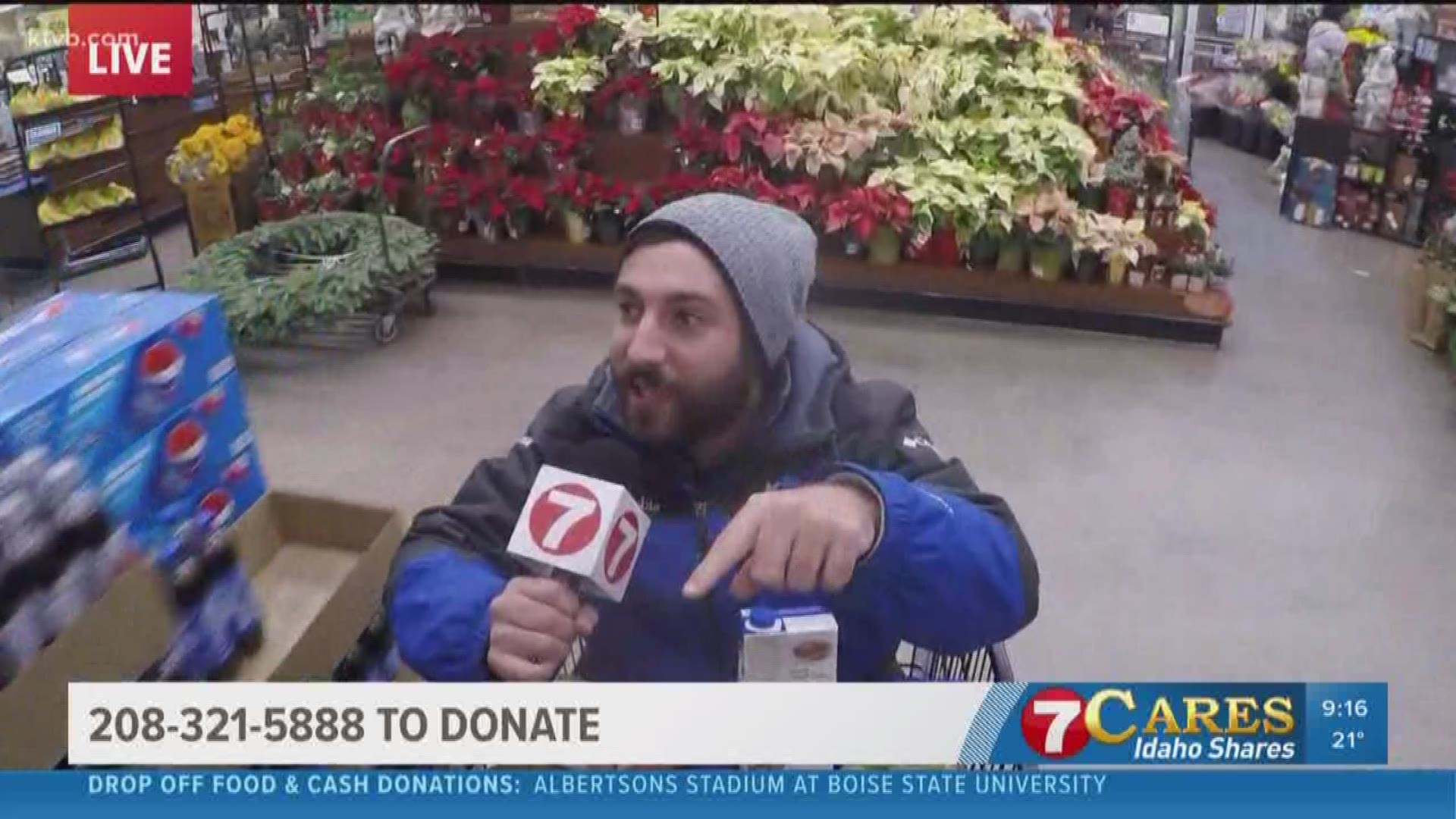 KTVB's Joe Parris and Brian Holmes visit an Albertsons on Eagle Road and demonstrate how to shop for food donations to support several Treasure Valley charities. KTVB was collecting cash and food donations at 38 locations on Saturday, Dec. 8 for the annual 7Cares Idaho Shares day of giving. Learn how to donate on KTVB.COM.