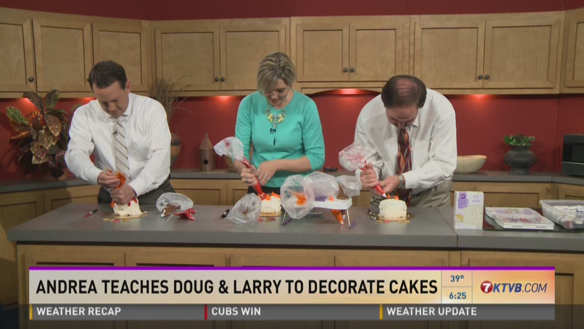 Andrea teaches Doug and Larry to decorate cakes