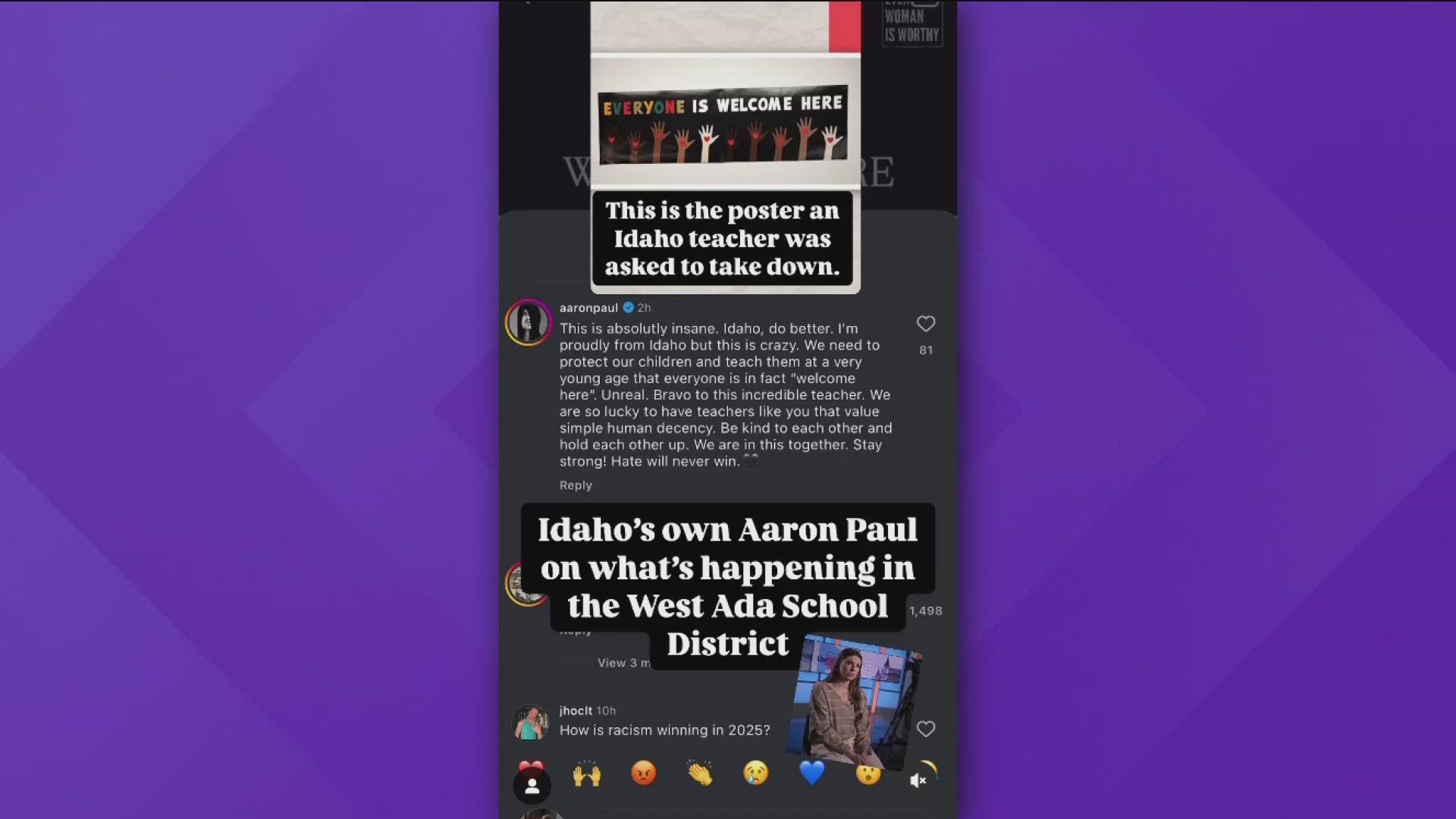 Paul publicly criticized the West Ada School District after a teacher was ordered to remove posters promoting inclusion, calling the decision "absolutely insane."