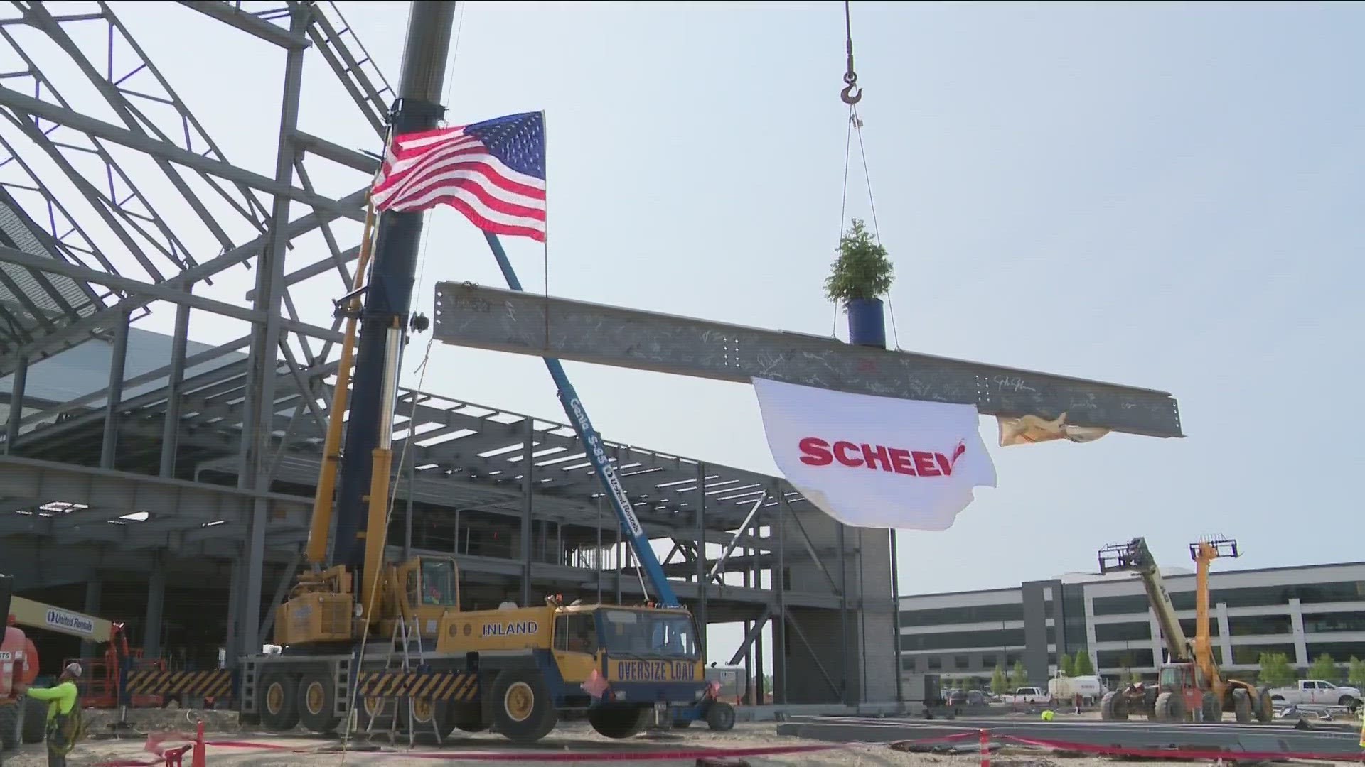 The retailer is opening Idaho's first SCHEELS store in April of 2024 - on Thursday, the store development team installed the final 'building block' to the structure.