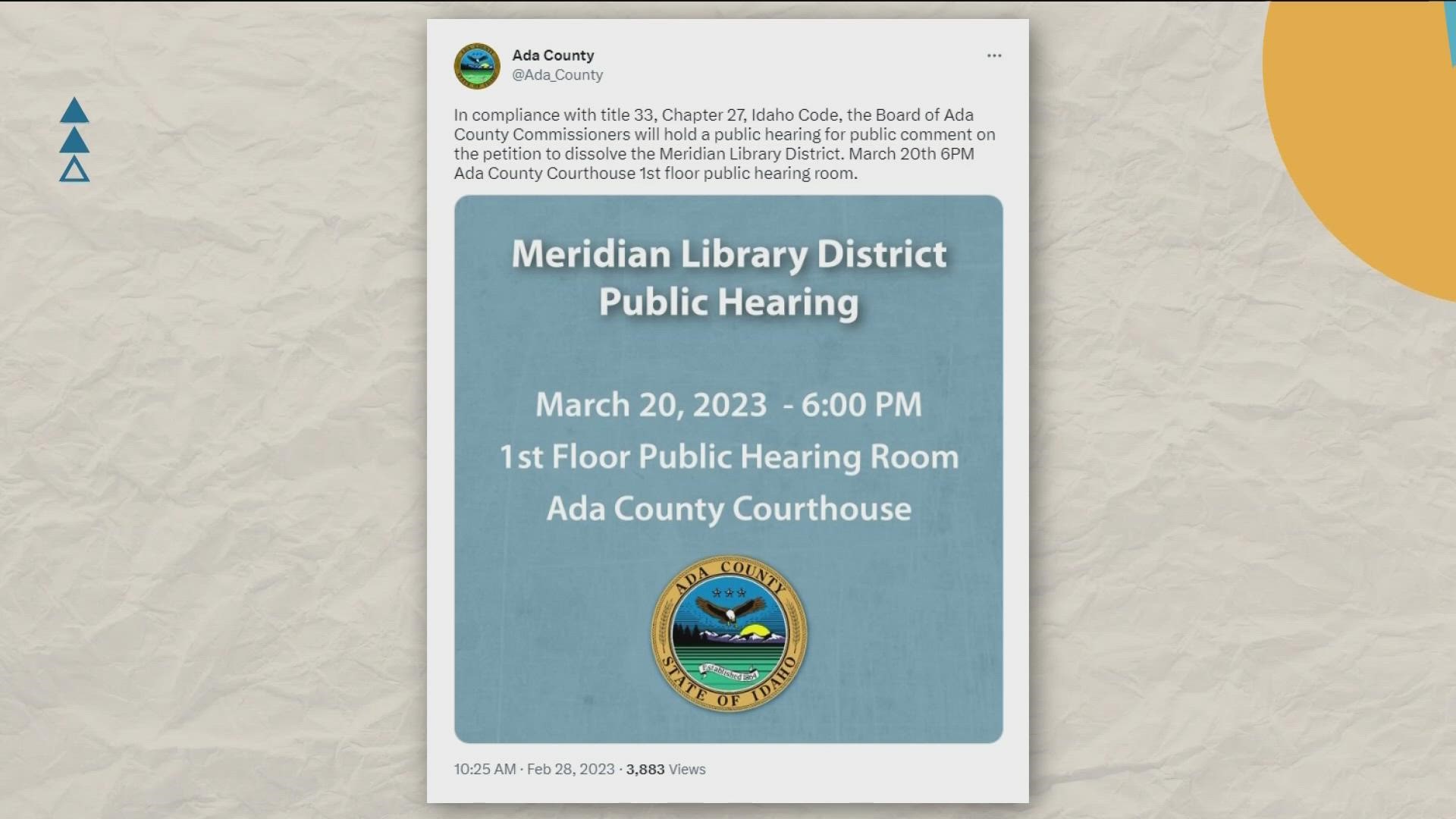 The public will be able to give their thoughts on the possible dissolution of the meridian library district - after group claims sexual indoctrination of minors.