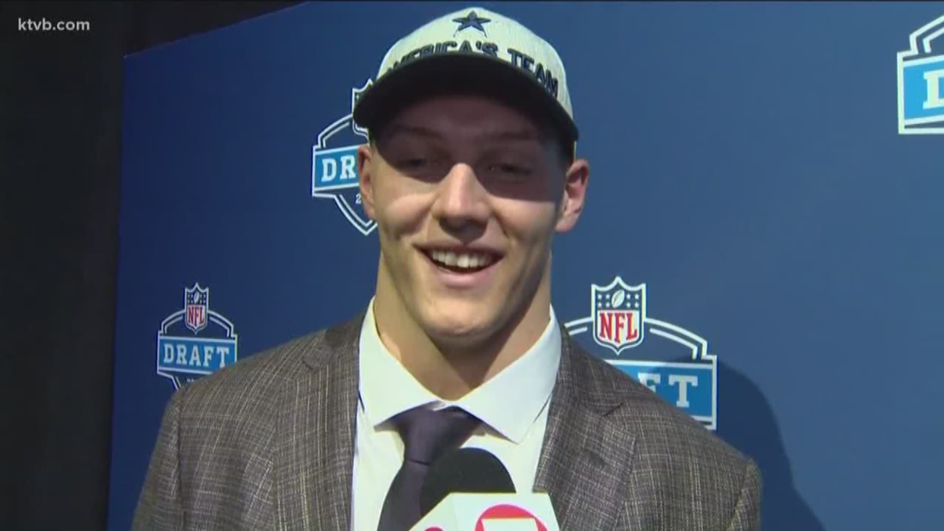 Leighton Vander Esch chats with KTVB Sports Director Jay Tust shortly after he was drafted in the first round by the Dallas Cowboys