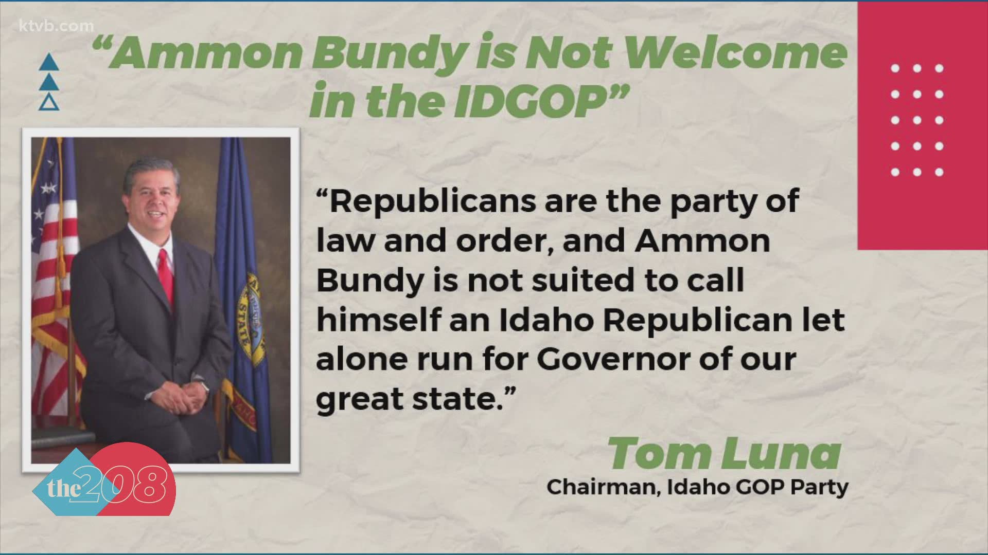 Idaho Republican Party Chairman Tom Luna released a statement Friday saying that Bundy is not welcome to join the party.
