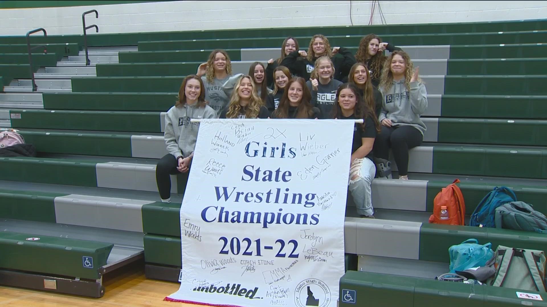 The Eagle Mustangs won the first sanctioned Idaho Girls High School State Wrestling Championship and is grappling for another one this year.