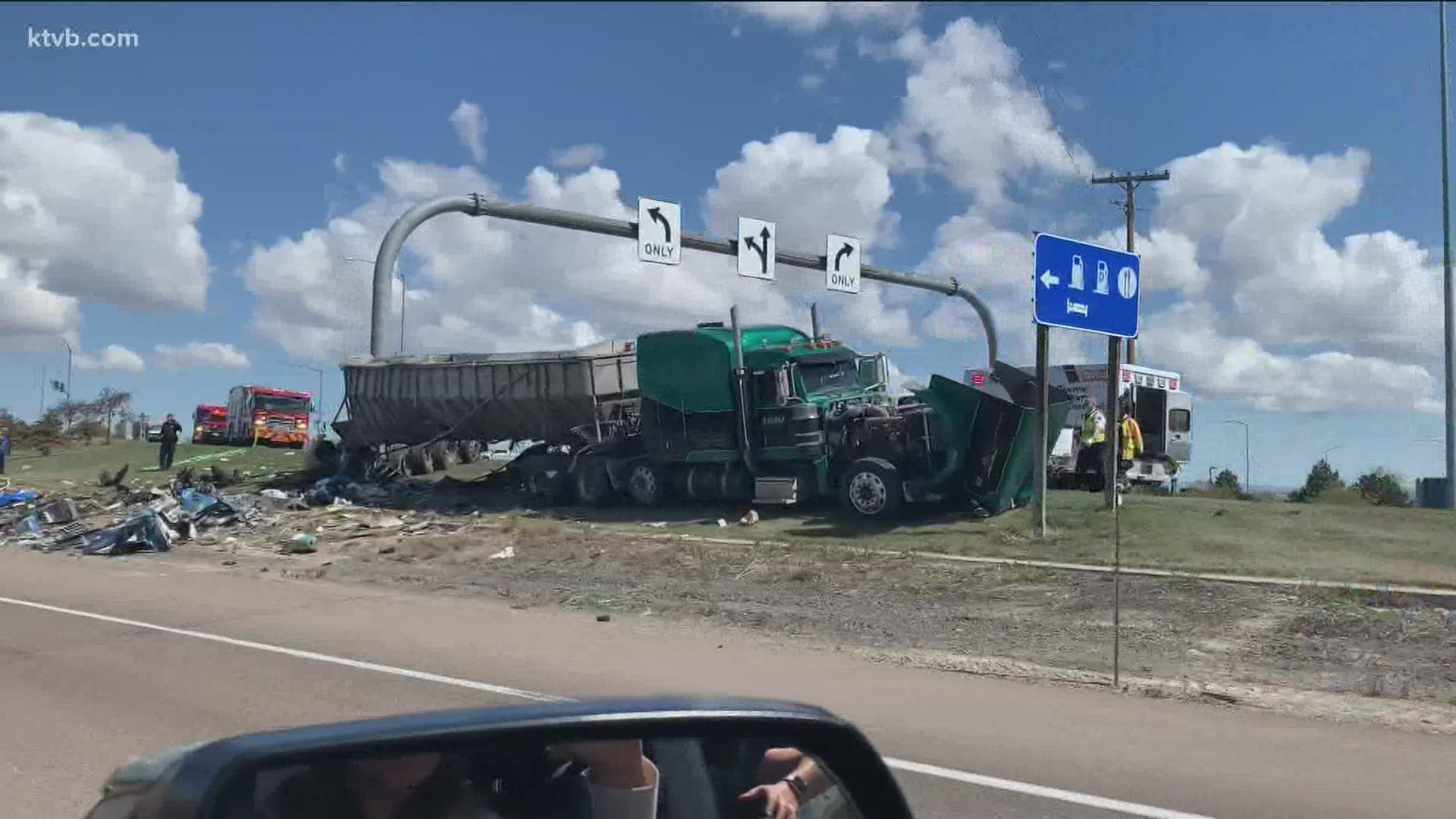 Two semi trucks are badly damaged. Idaho State Police are on scene to investigate.