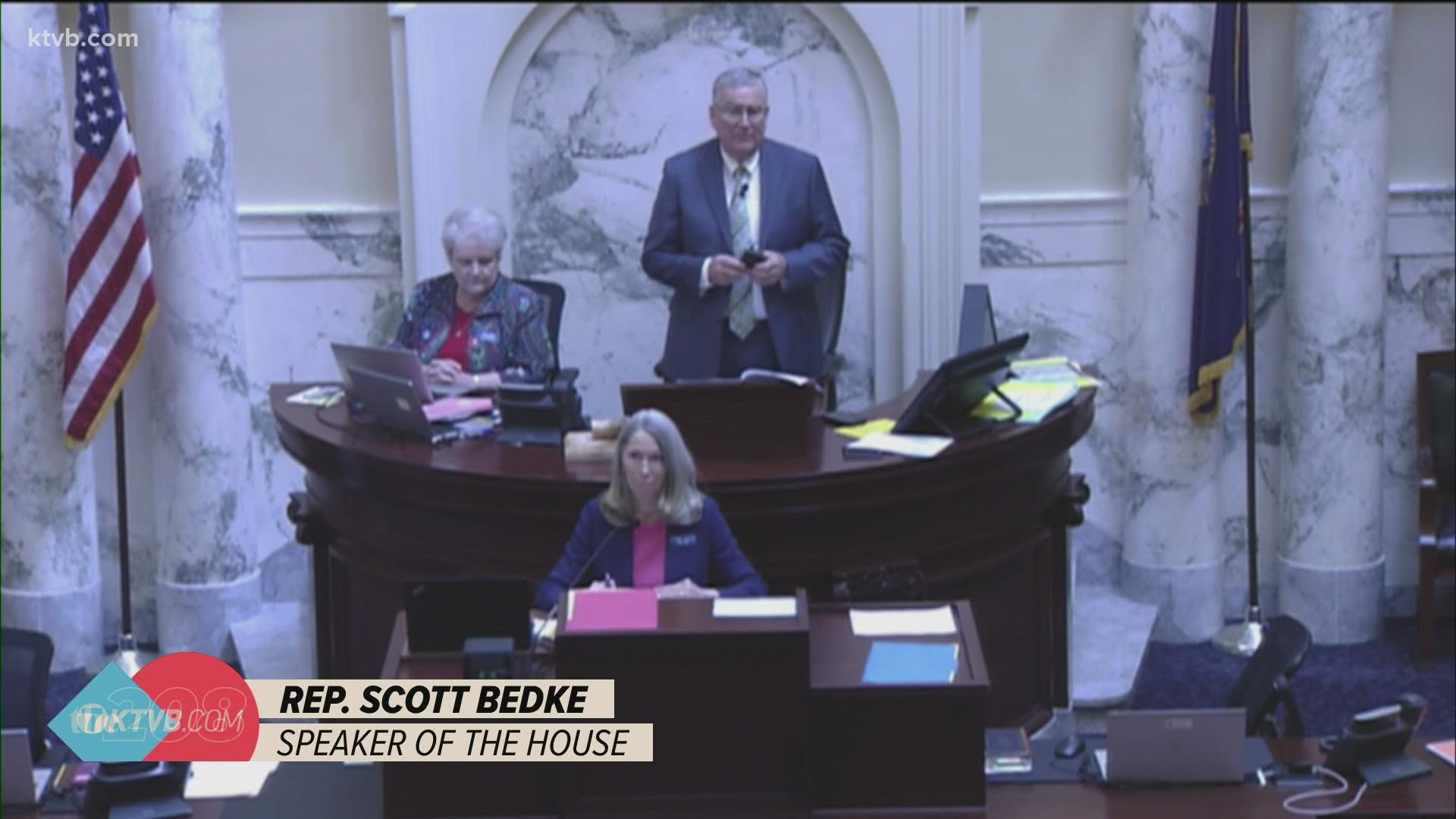 House Majority Leader Mike Moyle presented Bedke with the flag that flew over the House chamber during this year's legislative session.