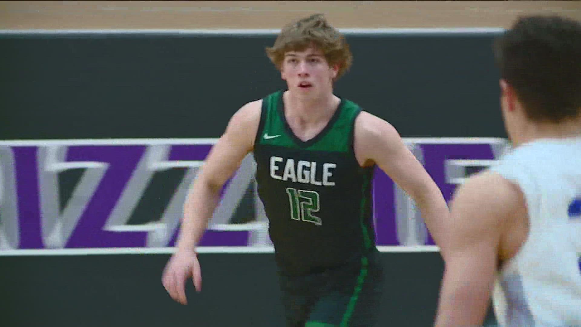 Landon White led the way for the Mustangs with 18 points Friday night as Eagle picked its 10th victory of the season with a 56-42 win at Rocky Mountain.