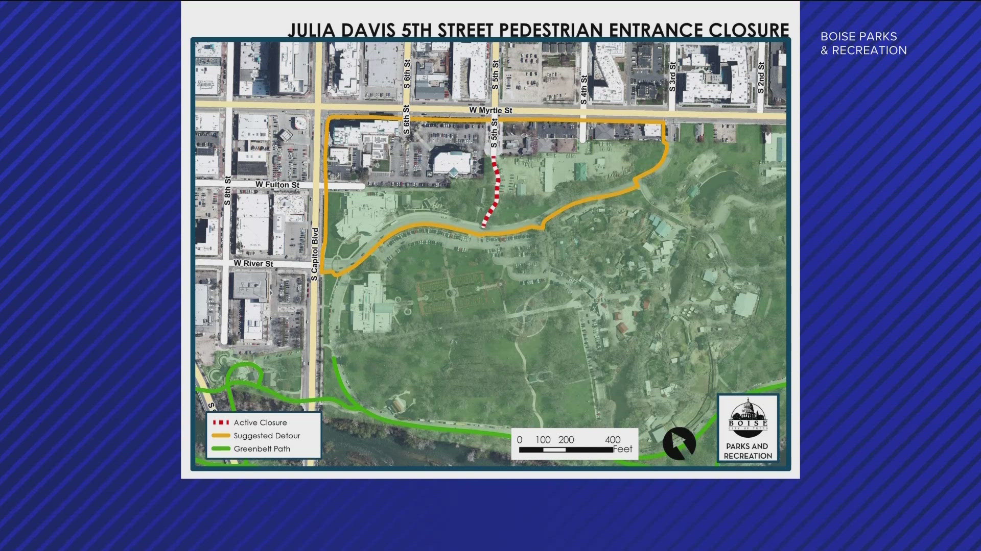 Pathway access from 5th St. into the park is expected to be closed from 7 a.m. to 3 p.m., ending that day. 