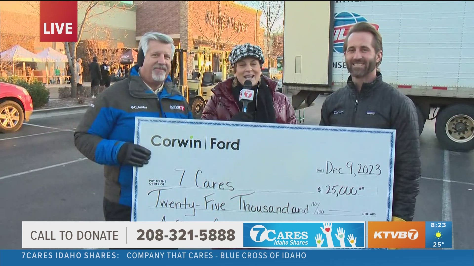 Corwin Ford, a featured Company that Cares, joins KTVB's Maggie O'Mara and Jim Duthie to present a $25,000 check to support charities through 7Cares Idaho Shares.