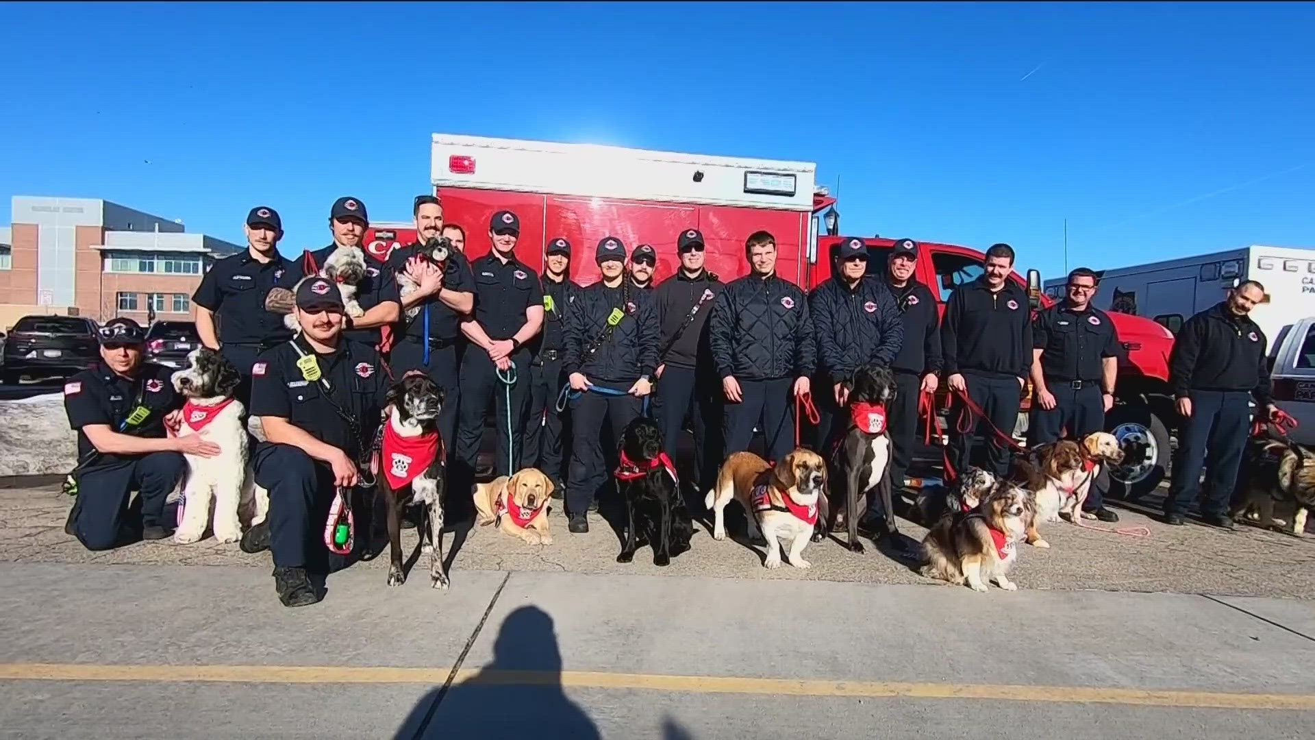 Go Team Therapy Dogs, and their handlers, visited Caldwell firefighters to relieve stress. They travel around Idaho to provide joy and comfort.
