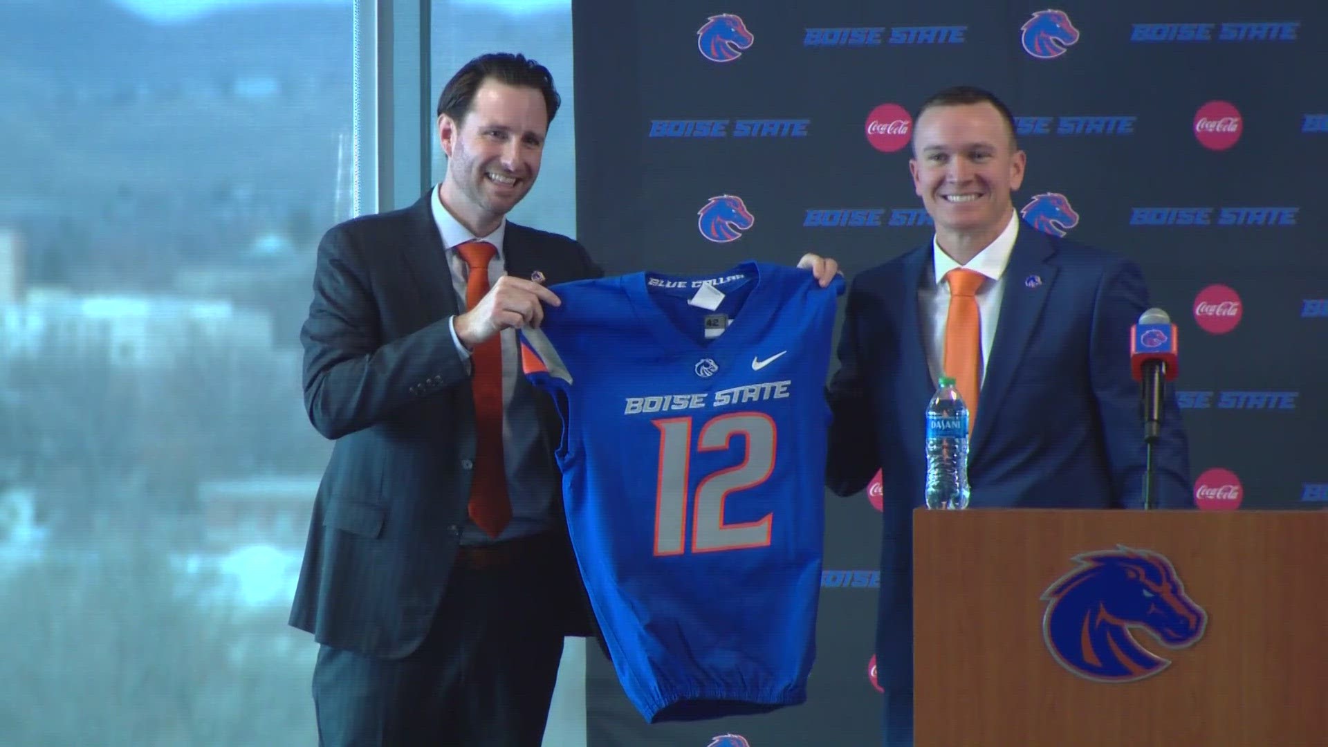 Director of Athletics Jeramiah Dickey introduces Spencer Danielson as the 12th head football coach in Boise State's history on Monday, Dec. 4, 2023.