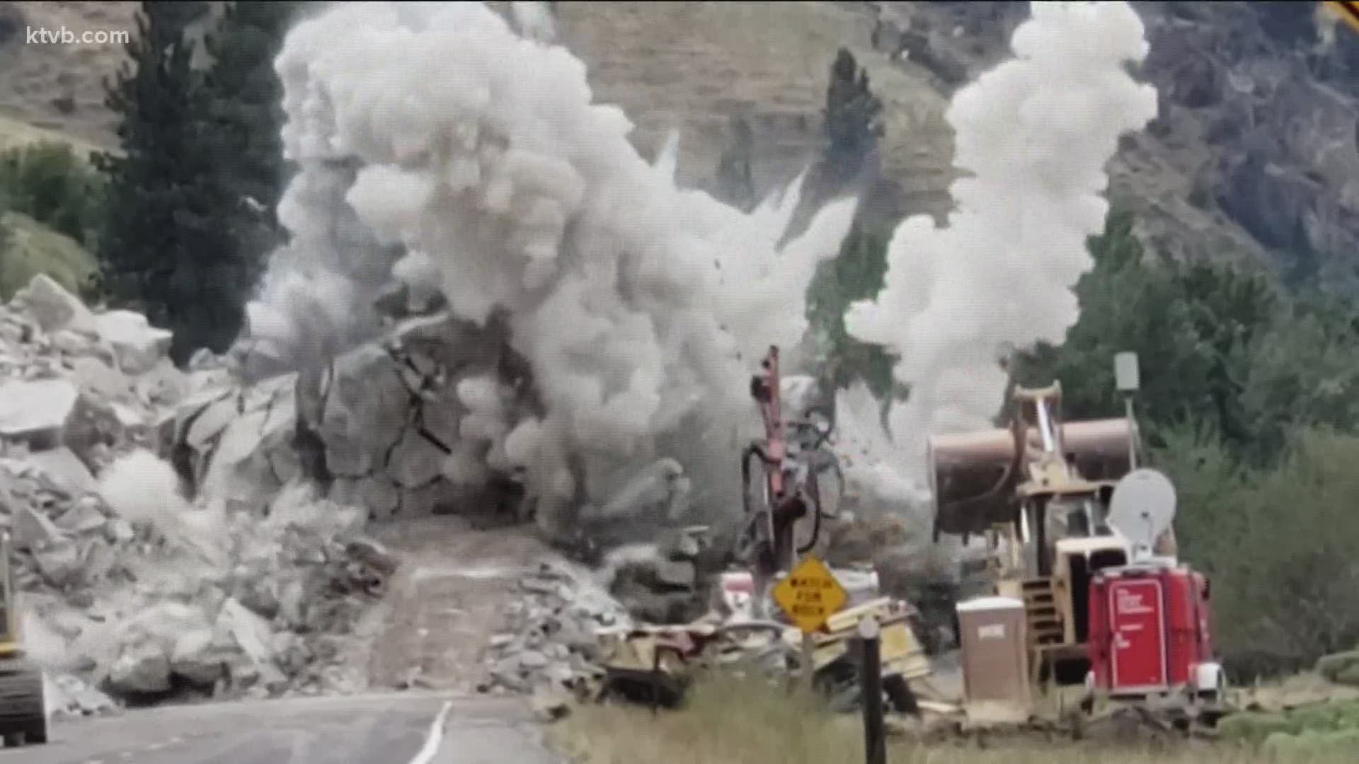 Watch video of the rock being blown up. Crews plan to clean up the smaller pieces and hope to open the highway by Monday.