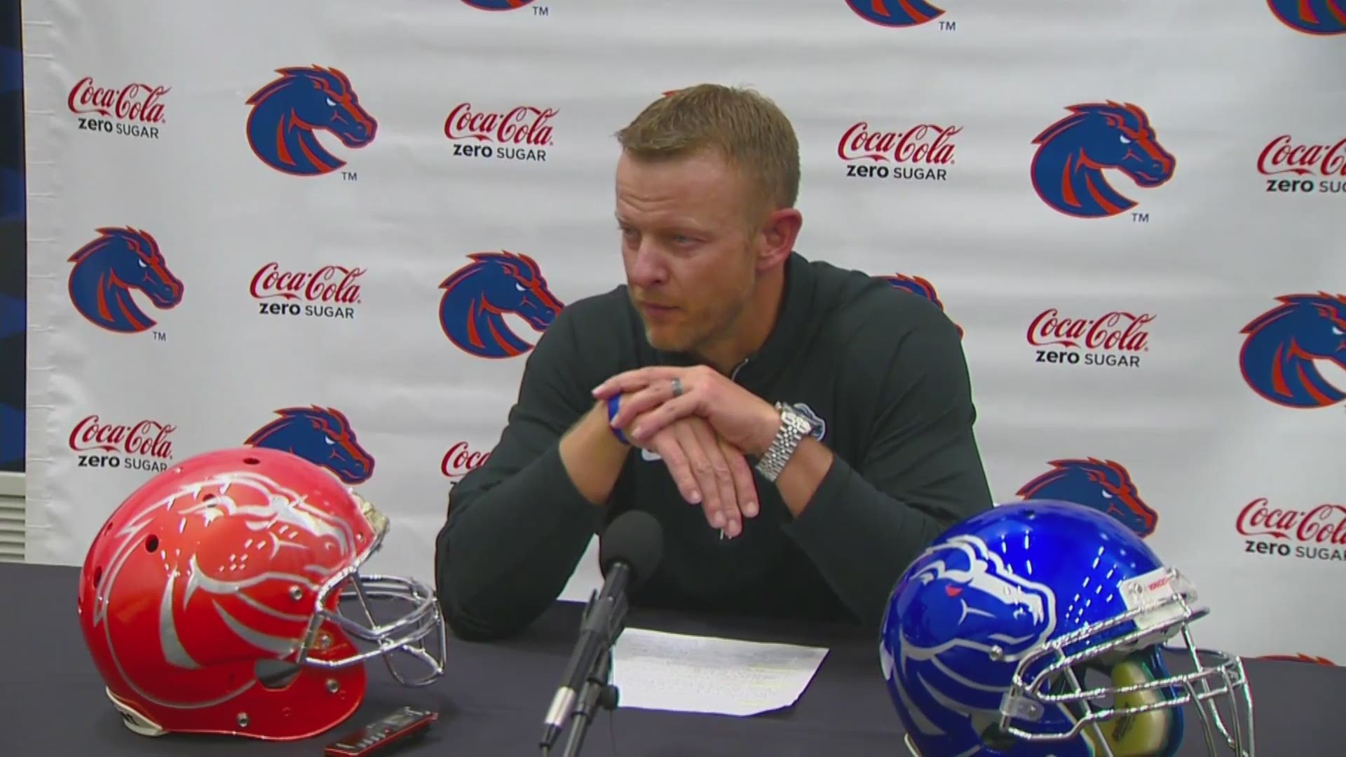 Harsin talks about the Broncos getting a big road win at Wyoming and Saturday's Mountain West matchup against San Diego State on the Blue.