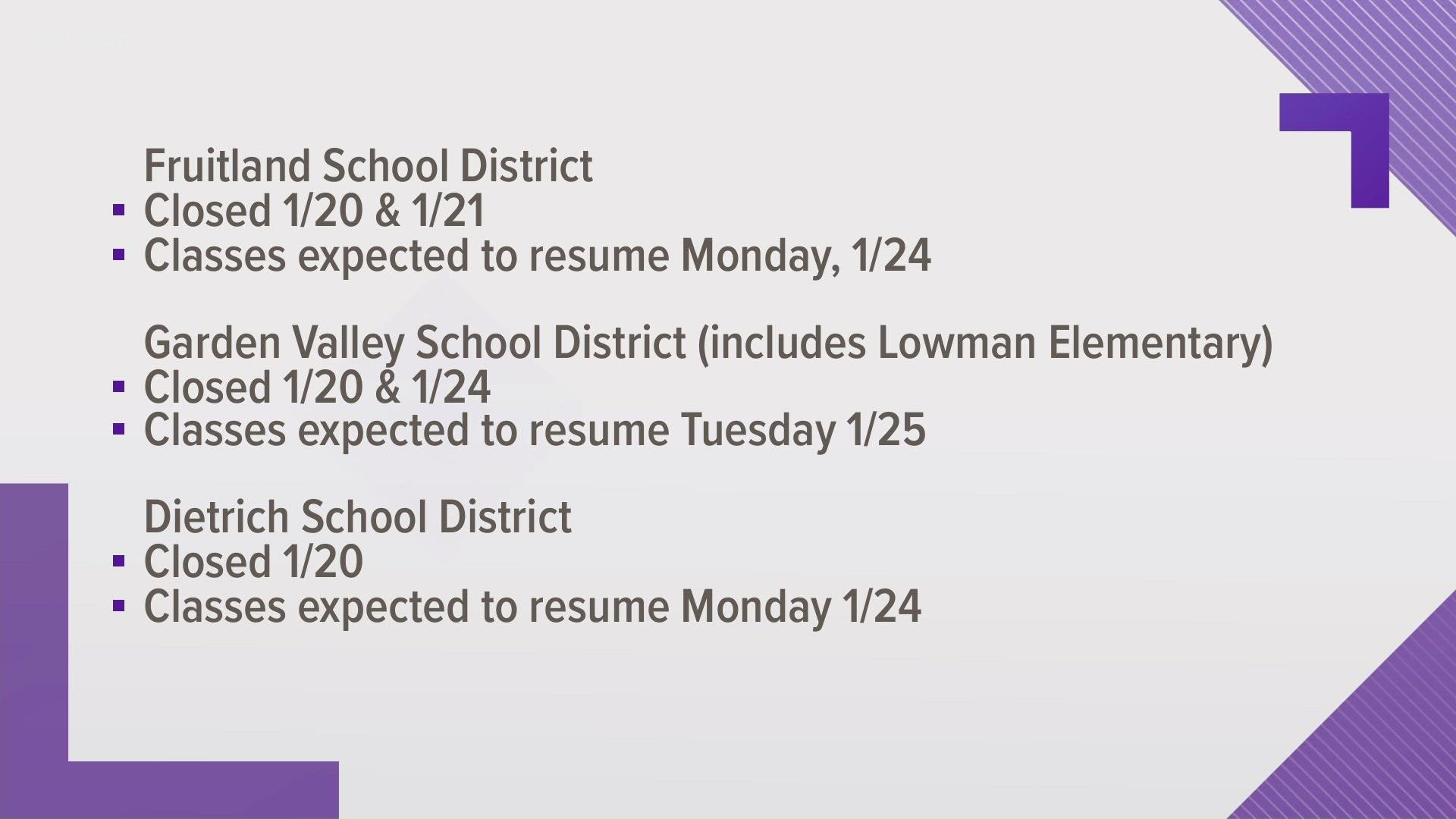 Superintendents for schools in Dietrich, Fruitland, Garden Valley and Bruneau-Grand View all say the closures are due to student and staff illness.