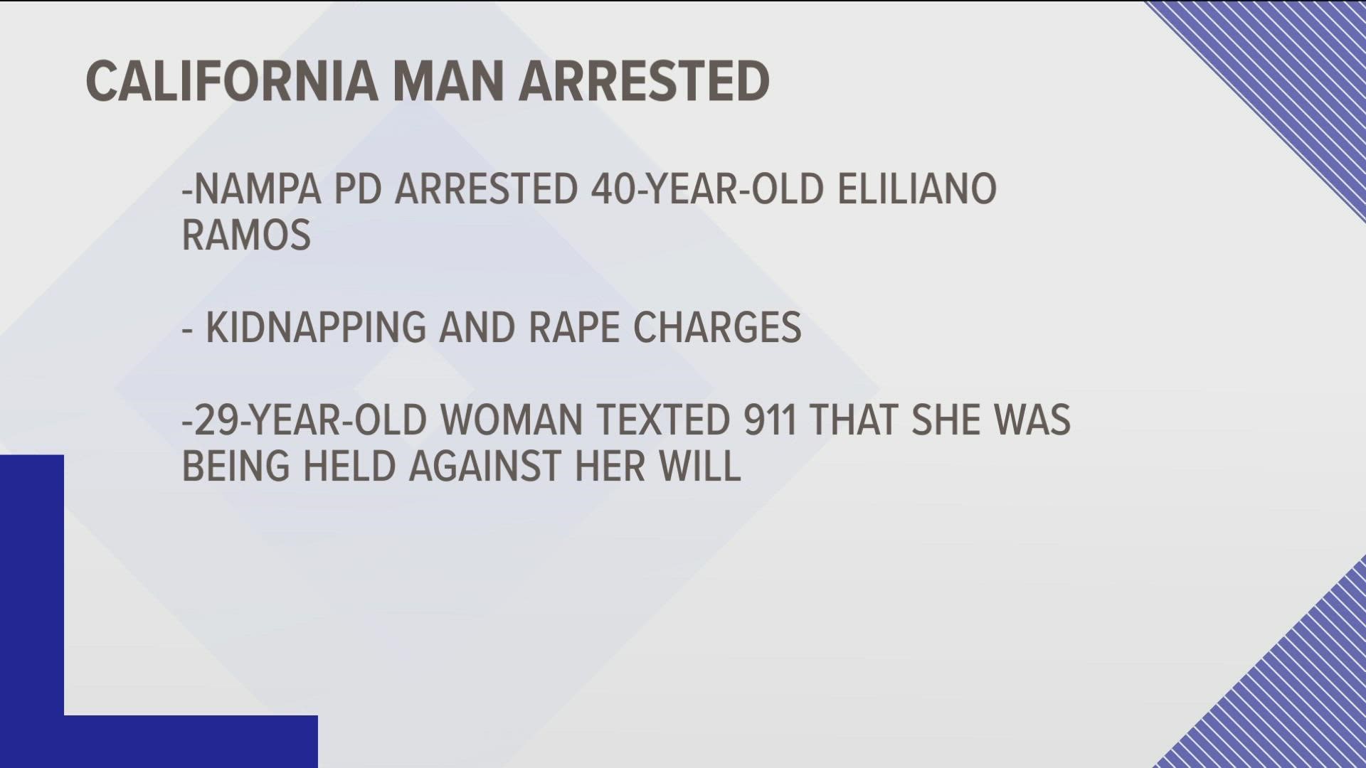 According to Nampa Police, 40-year-old Eliliano Ramos was arrested after a 29-year-old woman sent a text-to-911 message saying she was being held against her will.