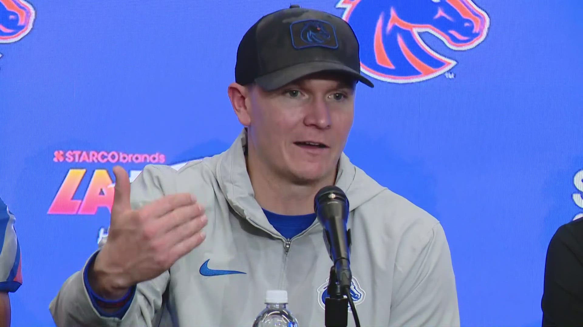 Boise State head coach Spencer Danielson addresses the media after the 35-22 loss to UCLA in the LA Bowl.