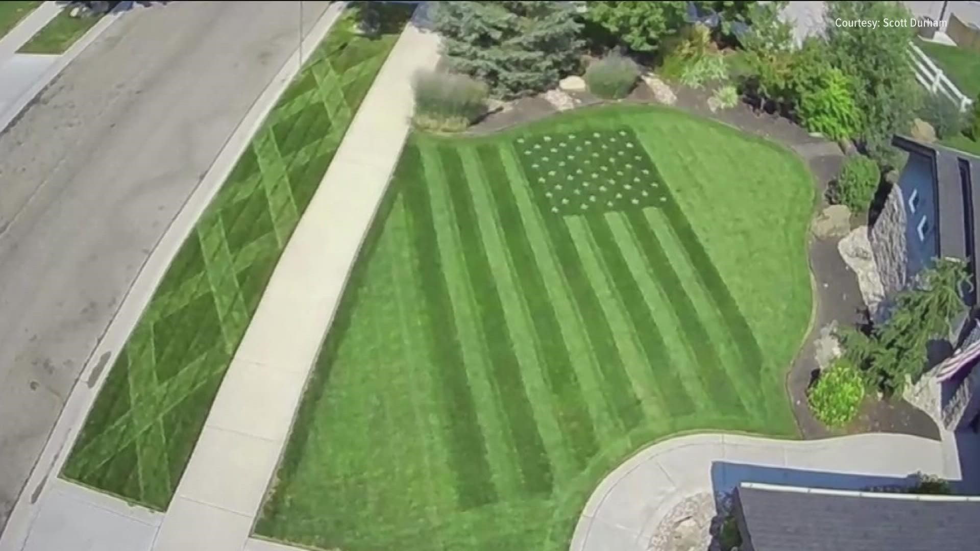 The self-proclaimed "lawn care nut", Scott Durham, said he mowed the flag into his front yard in Eagle for Labor Day weekend.