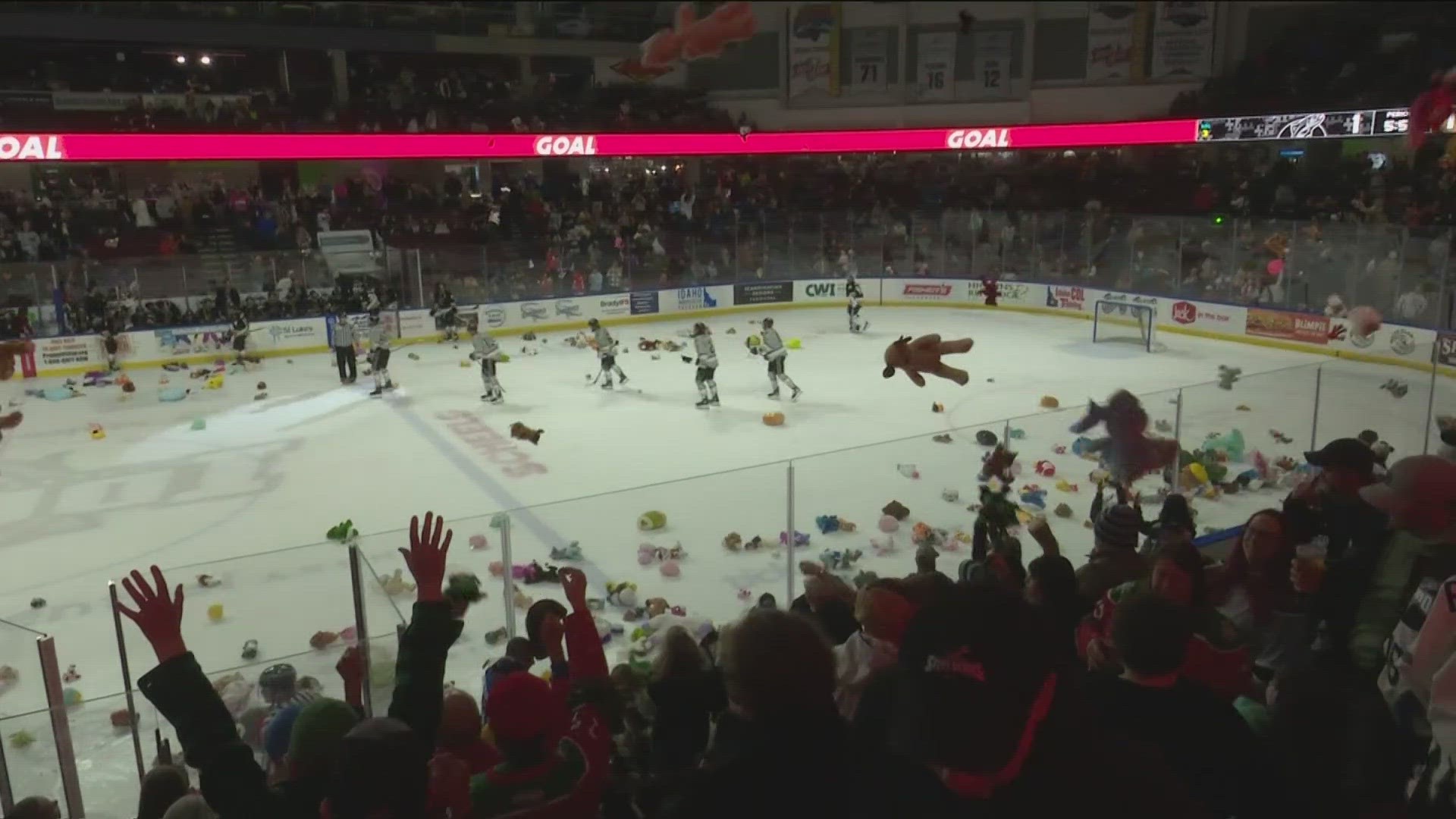 All stuffed animals that were thrown onto the ice are donated to the Marine Corps' Toys for Tots program